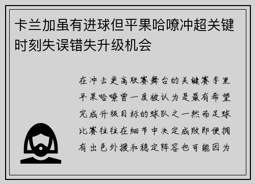 卡兰加虽有进球但平果哈嘹冲超关键时刻失误错失升级机会 卡兰加虽有进球但平果哈嘹冲超关键时刻失误错失升级机会