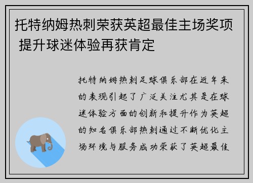 托特纳姆热刺荣获英超最佳主场奖项 提升球迷体验再获肯定