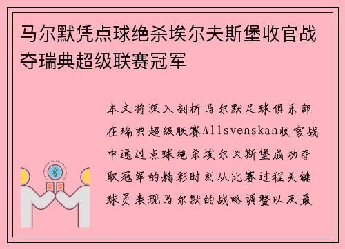 马尔默凭点球绝杀埃尔夫斯堡收官战夺瑞典超级联赛冠军